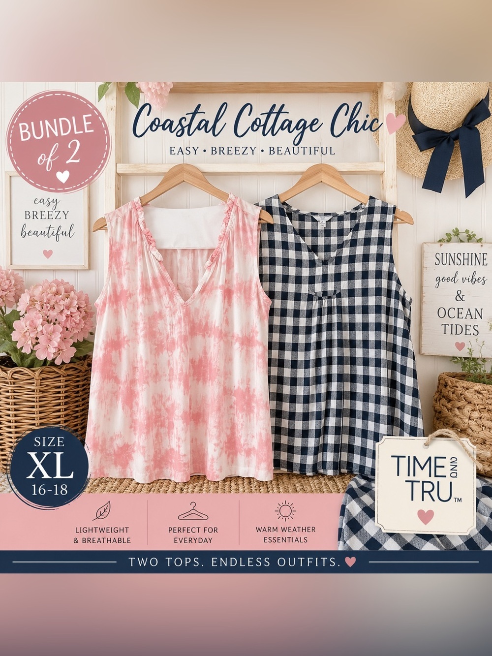 Bundle of 2 Time & Tru XL Sleeveless Tops | Pink Tie-Dye & Navy Gingham